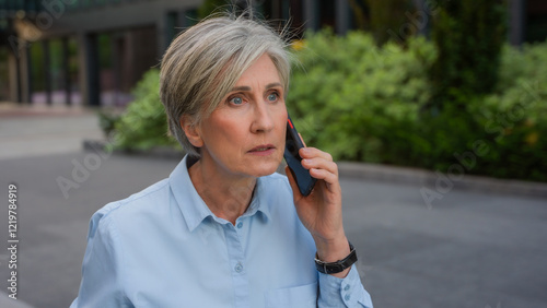 Angry mad senior businesswoman Caucasian old woman stressed female argue talking mobile phone dissatisfied mature business lady on city street talk smartphone conflict irritated shout quarrel outdoors