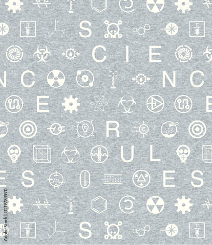 Seamless pattern of outlined science icons in grayscale textured background
