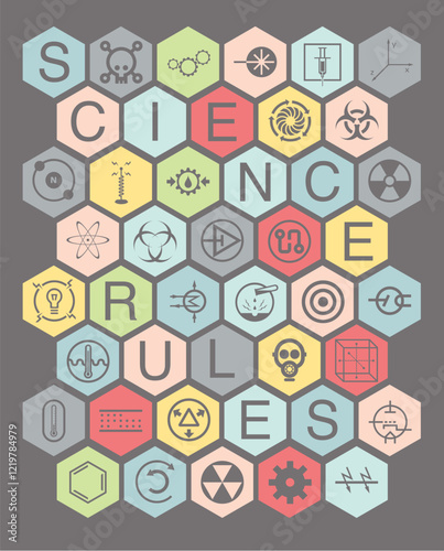 Repeating hexagon pattern of science icons and subject labels in soft colors
