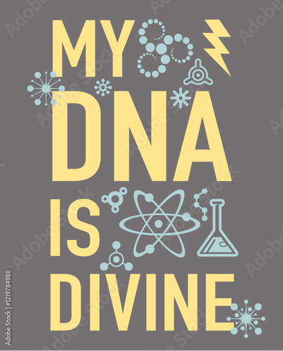 Retro scientific typography about DNA with atom icons and molecules

