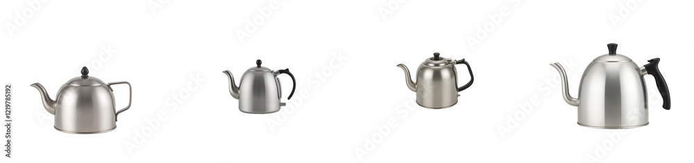 Fototapeta premium Modern stainless steel tea kettle with black whistle on white background, cut out collection pack