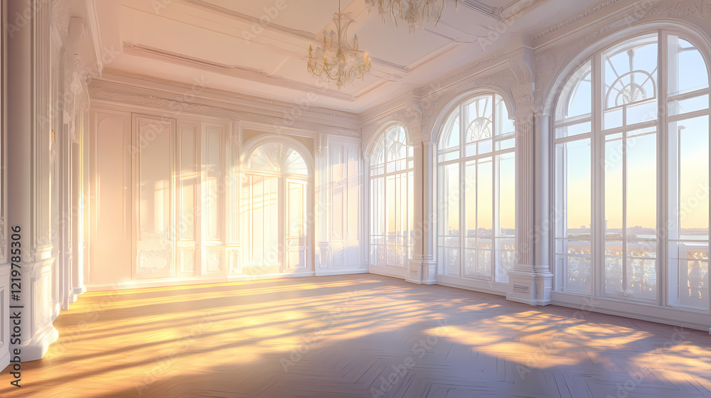 Fototapeta premium White interior in classic style on sunset. empty sunny room with moldings on the wall, tulle and wooden floor. mockup of interior illustration. 3d rendering. Shadow Cove. Illustration