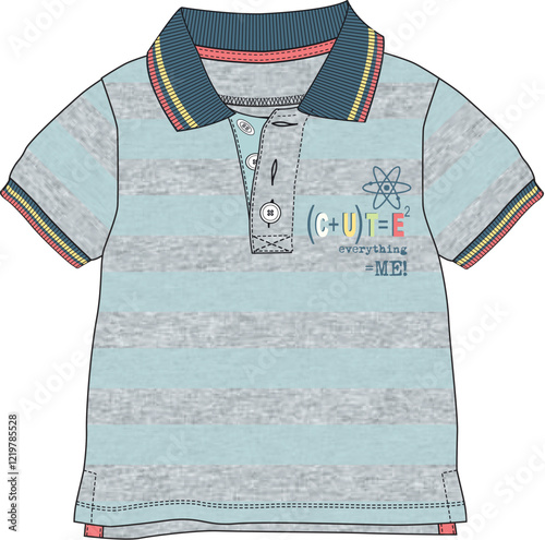 Striped baby polo shirt decorated with subtle science graphics in calm pastel tones
