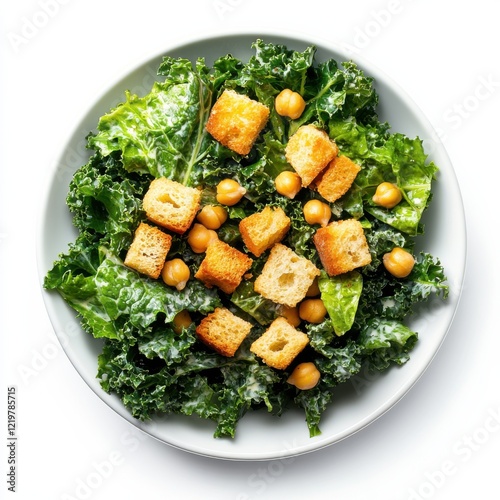 A refreshing kale Caesar salad with chickpea croutons, isolated white background, minimalistic art style