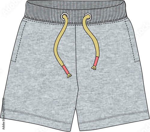 Minimalist toddler shorts in soft gray cotton with bright yellow drawstring detail
