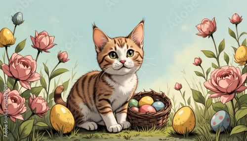 Cartoon-style illustration of a cute kitten sitting by Easter eggs and flowers in a sunny garden