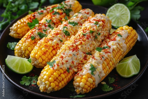 Grilled Mexican street corn displayed on dark plate. Close-up view of corn on cob coated with creamy sauce topped with chili flakes, fresh cilantro. Several limes visible beside corn. Dish appears photo