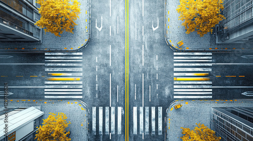Aerial View of Urban Intersection with Yellow Trees in Autumn