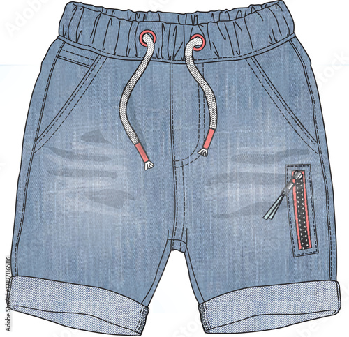 Casual denim shorts for children with red drawstrings and yellow pocket accent in vector style