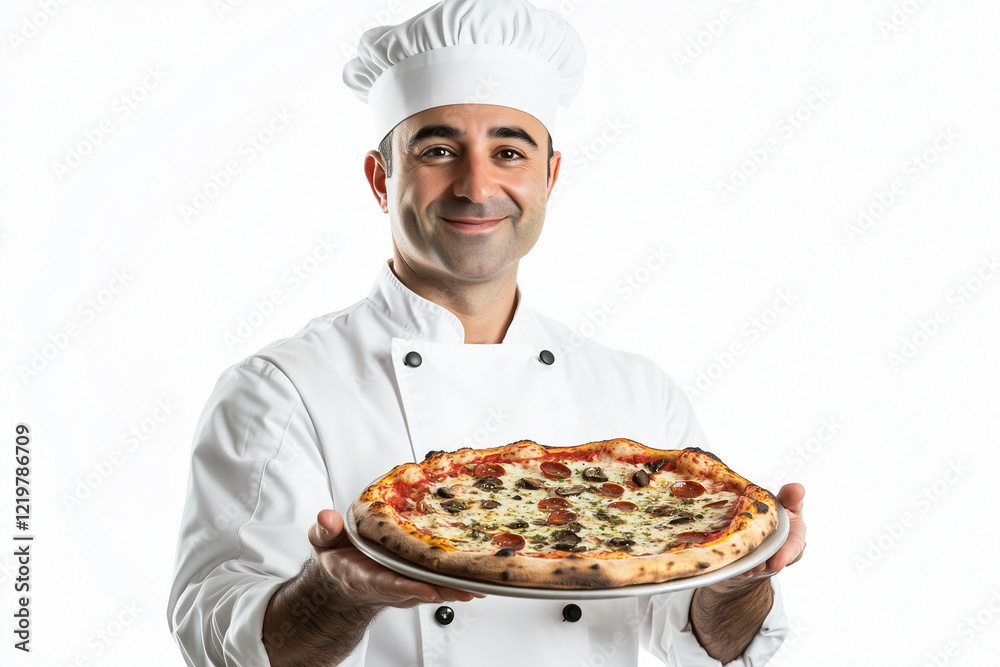 Handsome chef presenting pizza Handsome chef presenting pizza