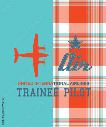 Retro orange plaid background with trainee pilot badge and airplane icon in vintage aviation design
