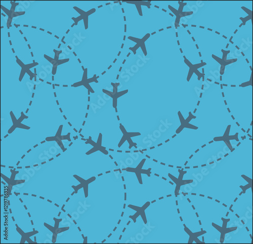 Seamless looping pattern of airplanes with dashed travel routes in minimal blue cartoon sky background