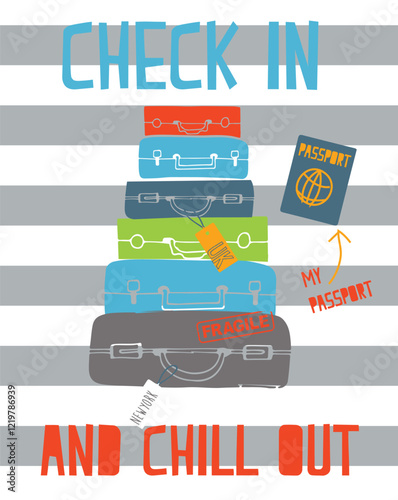 Cartoon suitcase stack with boarding pass and travel tags in striped airport background illustration