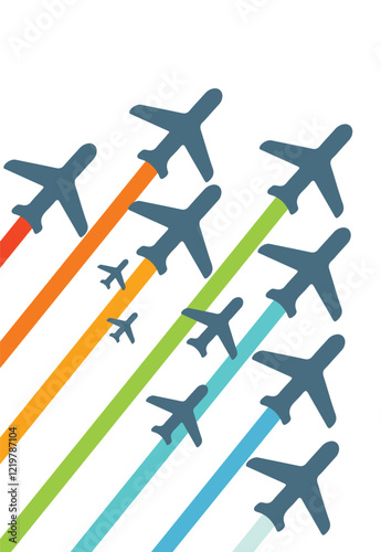 Modern airplane illustration showing flying jet silhouettes with colorful trail smoke in minimal vector design