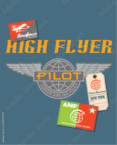 Retro pilot aviation badge design with airplane ticket and high flyer emblem in vintage travel theme