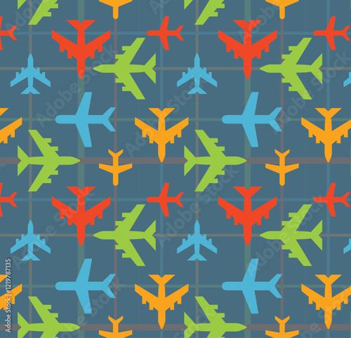 Colorful military jet silhouettes in repeating seamless aviation pattern for kids airplane background