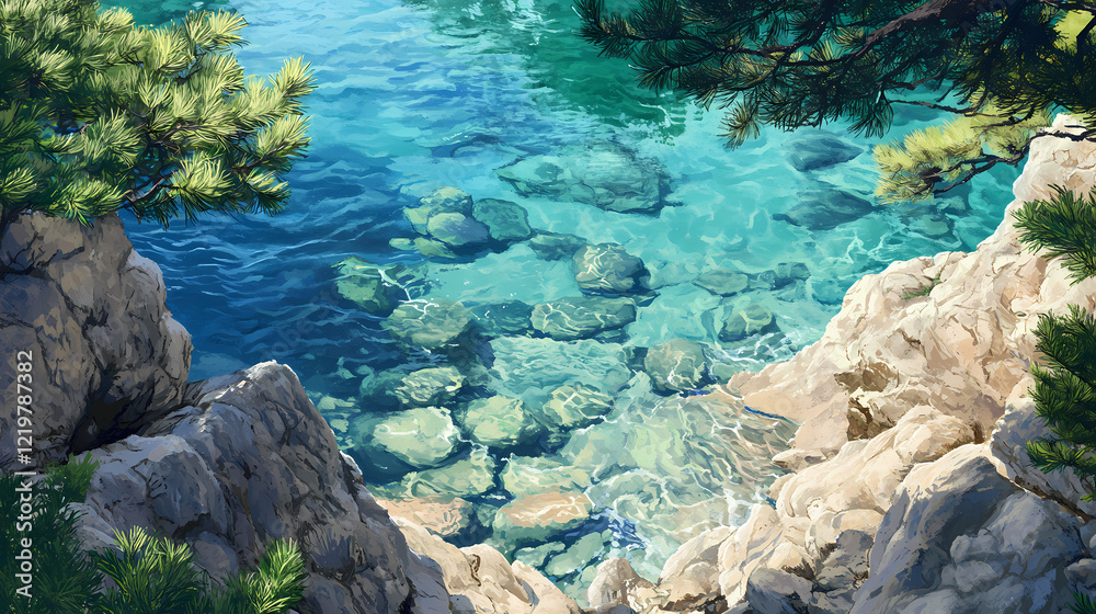 Fototapeta premium Crystal-clear turquoise water fills a rocky cove, overhung by lush green pine branches. perfect for travel, nature, or summer themes; evokes serenity and escape. Shadow Cove. Illustration