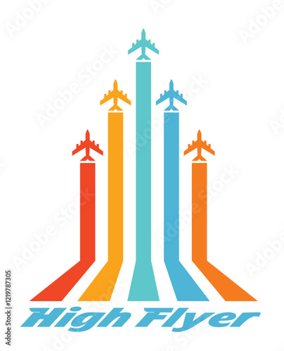 Colorful upward jet vector design in minimalist aviation style for kids’ t-shirt print
