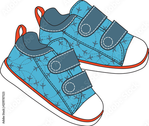 Kids sneakers with line aircraft pattern in aviation blue theme for stylish children footwear
