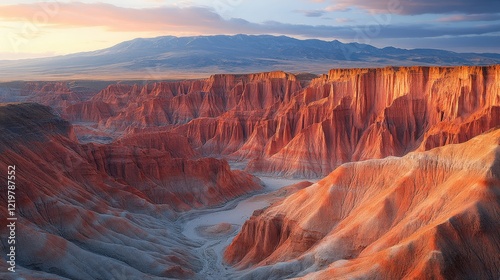 Stunning Sunrise Over Captivating Red Rock Canyons and Mountains in Dramatic Desert Landscape with Eroded Cliffs and Valleys | Awe-Inspiring Natural Beauty photo