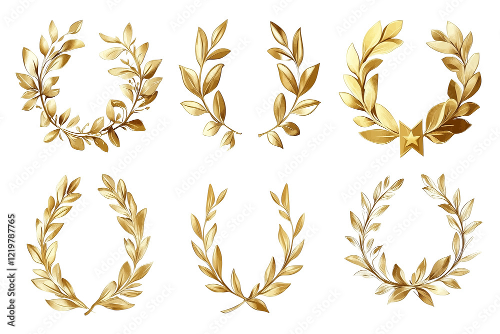 Gold laurel wreath, winner award set vector illustration. Golden branch of olive leaves or stars of victory symbol, insignia emblem decoration design, triumph honor champion prize isolated, cut out Gold laurel wreath, winner award set vector illustration. Golden branch of olive leaves or stars of victory symbol, insignia emblem decoration design, triumph honor champion prize isolated, cut out