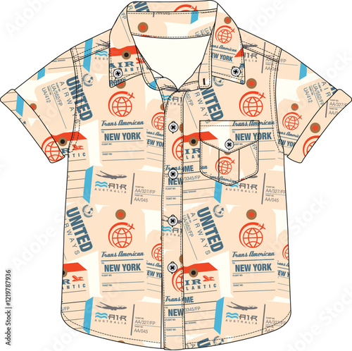 Boy’s short-sleeved button-up shirt vector design with vehicle and text pattern for summer fashion
