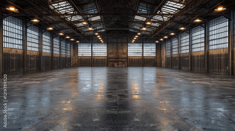 Obraz premium Empty industrial warehouse interior with concrete floor and metal roof.