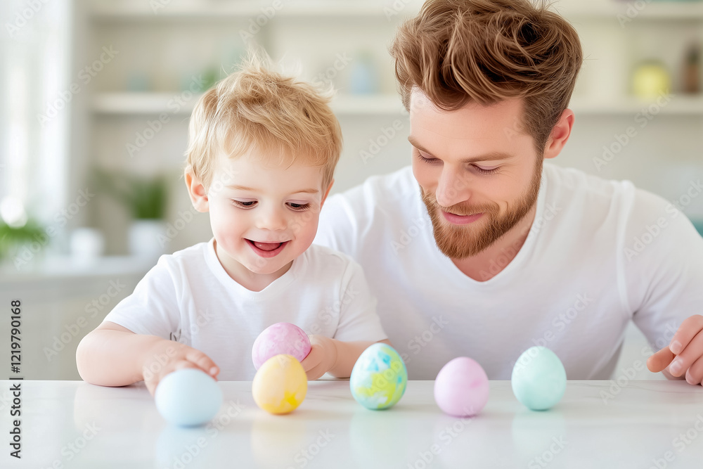 In a bright kitchen, a young boy joyfully displays his decorated Easter egg to his father. Both share a moment of delight surrounded by colorful eggs, celebrating the holiday In a bright kitchen, a young boy joyfully displays his decorated Easter egg to his father. Both share a moment of delight surrounded by colorful eggs, celebrating the holiday
