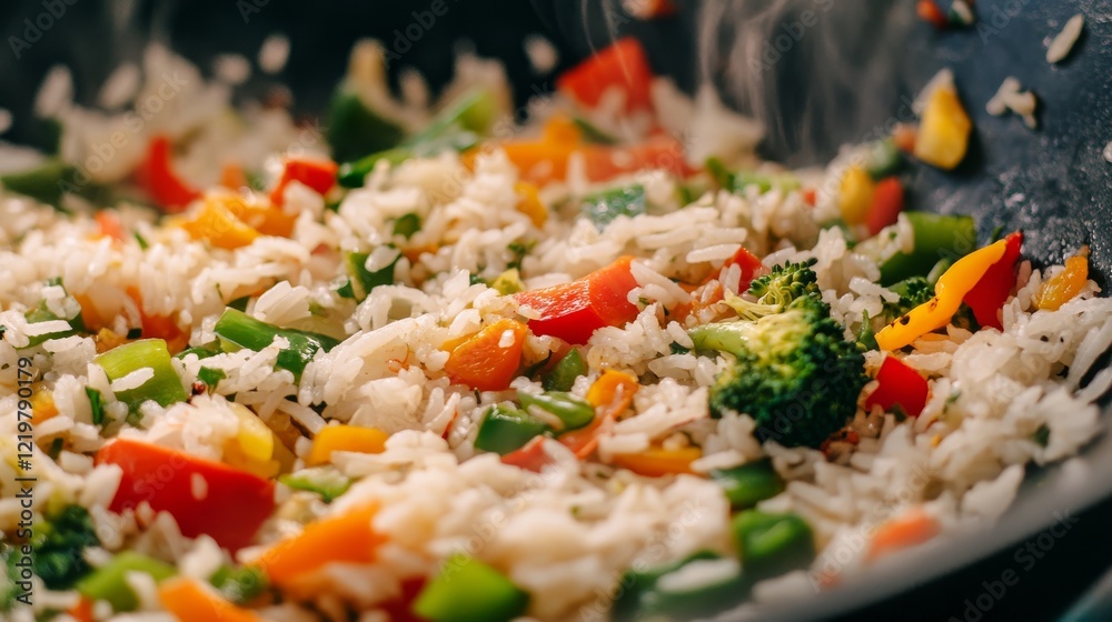 Rice and vegetables in a stir-fry. Featuring a colorful stir-fry with rice and vegetables. Highlighting healthy eating and vibrant flavors. Ideal for culinary and health food visuals. Rice and vegetables in a stir-fry. Featuring a colorful stir-fry with rice and vegetables. Highlighting healthy eating and vibrant flavors. Ideal for culinary and health food visuals.