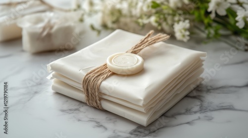 Wedding accessories on a marble table with wax and tender green plants.