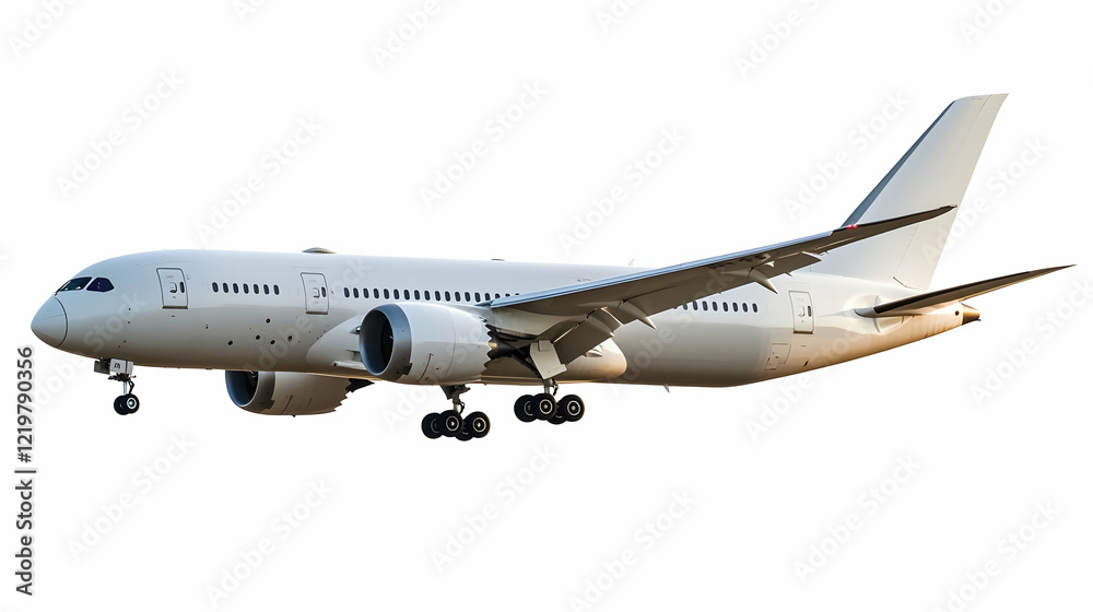 Airplane landing, white sky background, travel, transportation Airplane landing, white sky background, travel, transportation