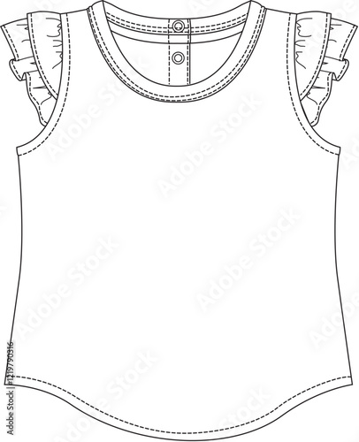 Sleeveless ruffle tanktop vector template for girl's fashion sketch in clean outline style
