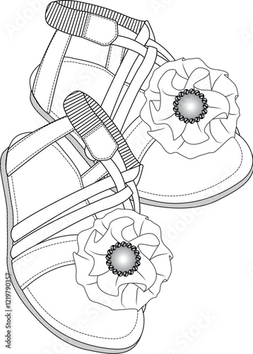 Line Art of Flower Sandals for Kids Footwear Illustration
