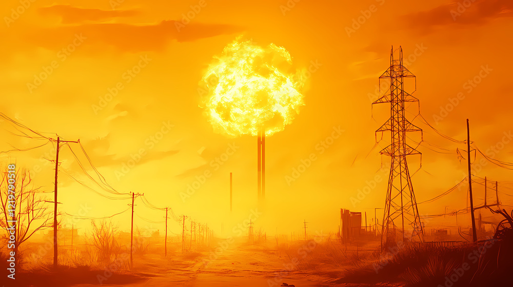 Obraz premium Glowing orange-yellow sky with a nuclear horizon, inferno, radiation. Amber Horizon. Illustration