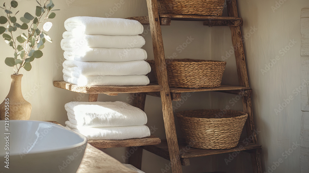 Cozy Bathroom with Stacked Towels and Natural Décor in Soft Light Cozy Bathroom with Stacked Towels and Natural Décor in Soft Light