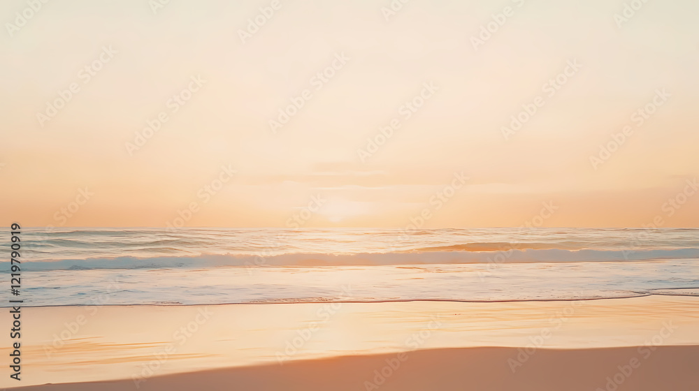 Obraz premium Golden sunsets melting into calm ocean horizons with soft amber, peach, and cream tones, capturing serene reflections and the tranquil beauty of a setting sun. Amber Horizon. Illustration