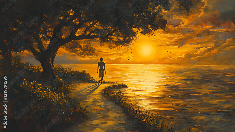 Fototapeta premium The serene scene depicts a figure leisurely strolling without shoes on a watery pathway as the amber sun dips below the horizon. Amber Horizon. Illustration