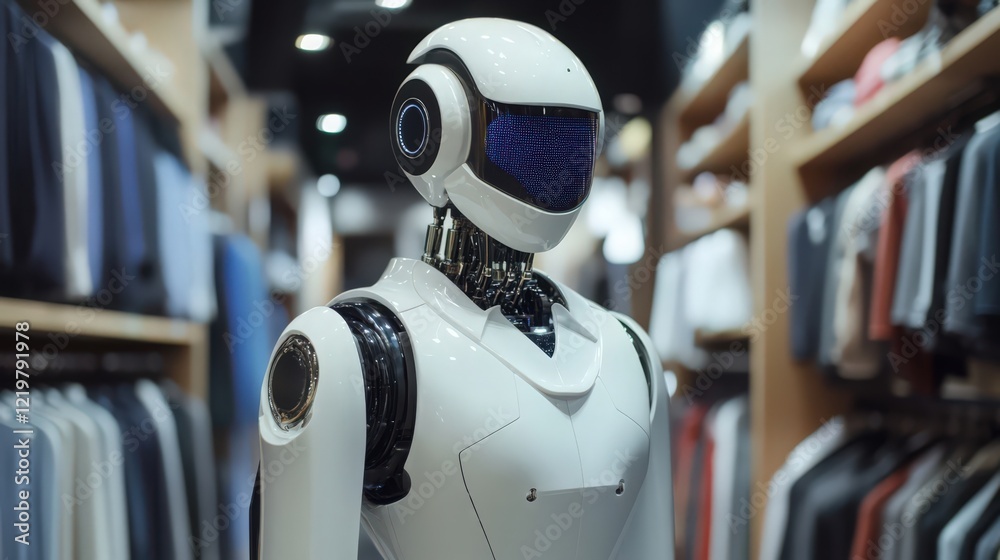 Fototapeta premium Futuristic Robot Assistant Standing in Clothing Store Aisle Offering Assistance