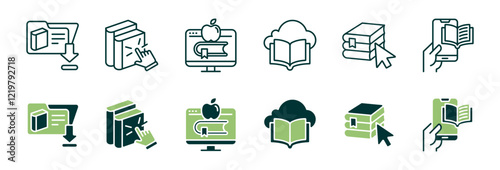 online library icon line set education learning digital book download e-book study journal literature signs vector illustration for web and app
