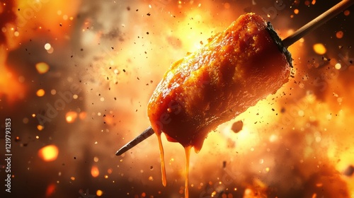 Sizzling skewered treats food festival action shot fiery background close-up culinary delight photo