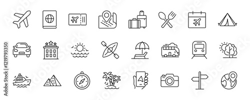 Travel and Vacation Line Icon Set. Included tourism, travel, airplane, beach, compass, palm tree, passport, hotel, cruise ship, kayaking, Camping tent vector icons. Editable stroke.