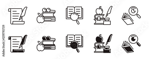 study research icon line set education read journal literature book search discovery cognition with magnifier signs vector outline illustration