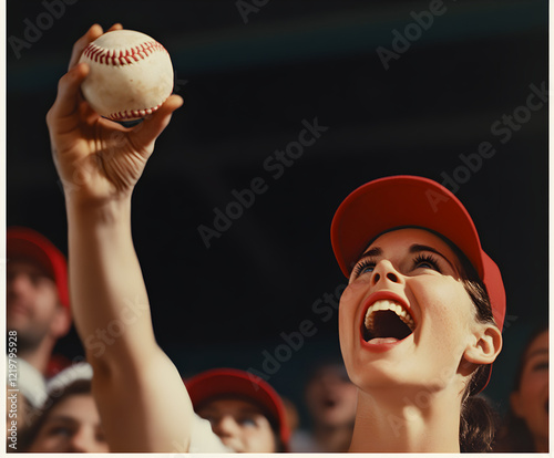 A group of fans catching a foul ball in the stands, their excitement captured mid-cheer.


