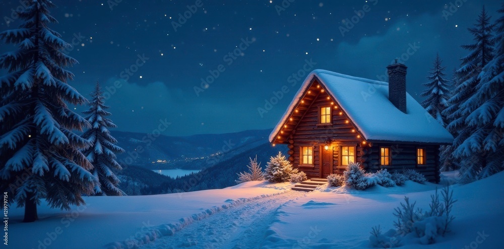 Fototapeta premium Cozy snow-covered cottage under starry night sky with twinkling Christmas lights, serene, snowy