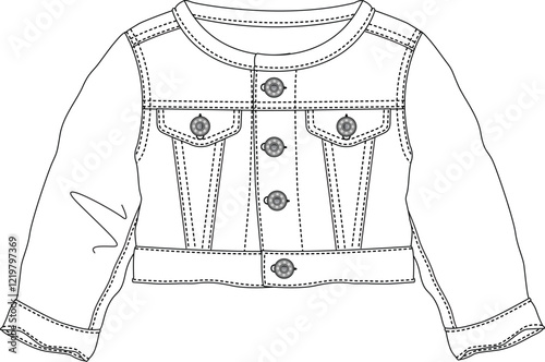 Sleeveless denim-style jacket with button front in flat technical sketch
