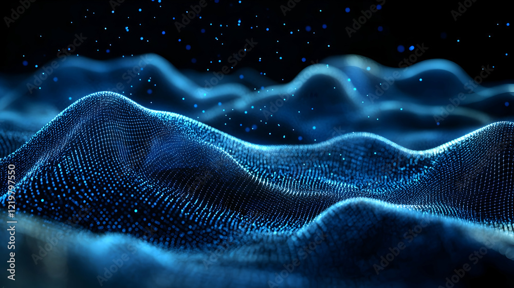 Abstract blue digital landscape; data waves, particles background, tech concept Abstract blue digital landscape; data waves, particles background, tech concept