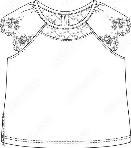 Girl's sleeveless top with round lace shoulder details in flat sketch
