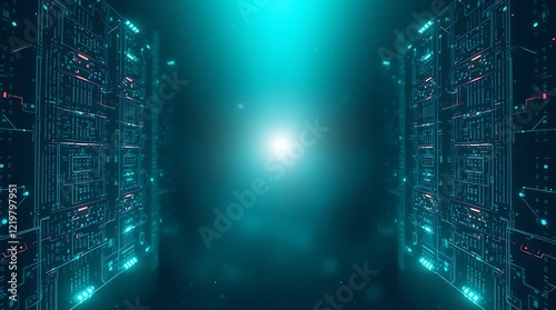Futuristic Server Room Tunnel with Glowing Circuitry
