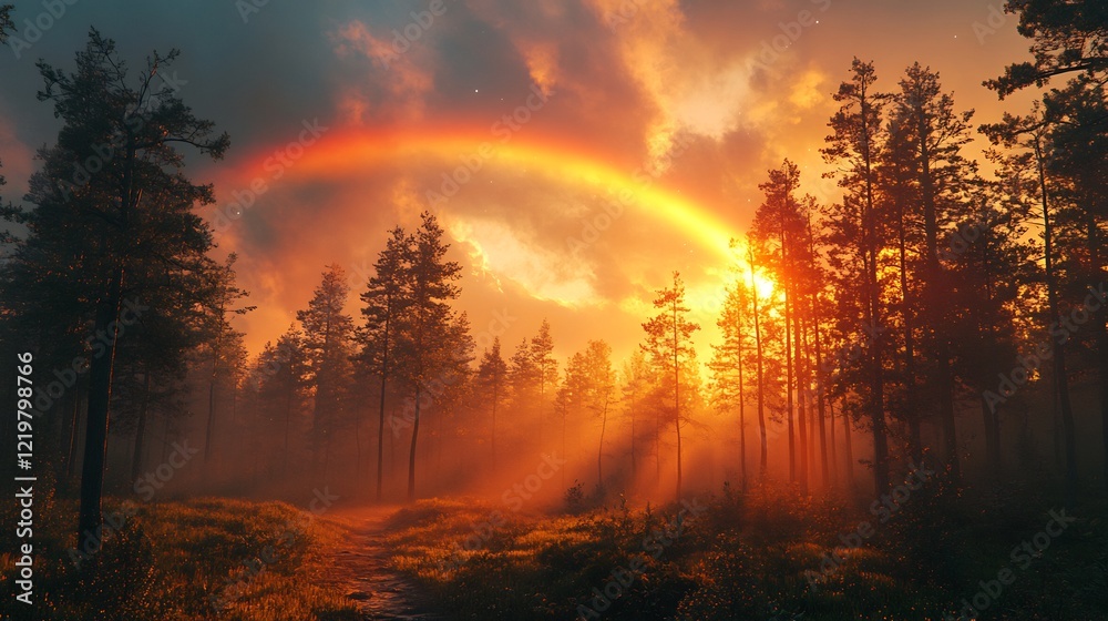 Surreal depiction of a glowing rainbow over a forest Surreal depiction of a glowing rainbow over a forest