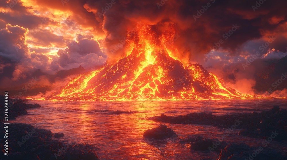 Surreal depiction of a glowing volcanic eruption Surreal depiction of a glowing volcanic eruption